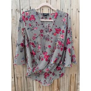 BCX Medium Floral Striped Twist Front Blouse Boho Bell Sleeve Retro V-Neck Top
